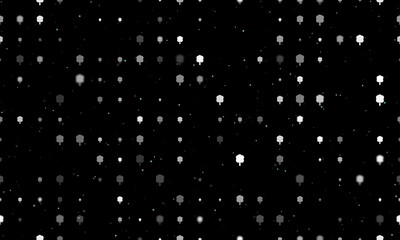 Seamless background pattern of evenly spaced white tree symbols of different sizes and opacity. Vector illustration on black background with stars
