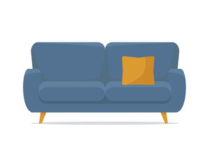Modern Soft blue sofa with yellow decorative cushion, isolated on white background. Element design of home interior. Cozy Domestic or Office Furniture. Vector illustration in flat style