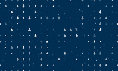 Seamless background pattern of evenly spaced white fir-tree symbols of different sizes and opacity. Vector illustration on dark blue background with stars