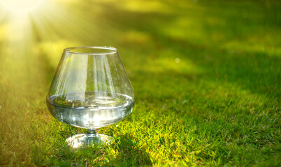 Glass glass with clean drinking water on the green grass in the sunset rays