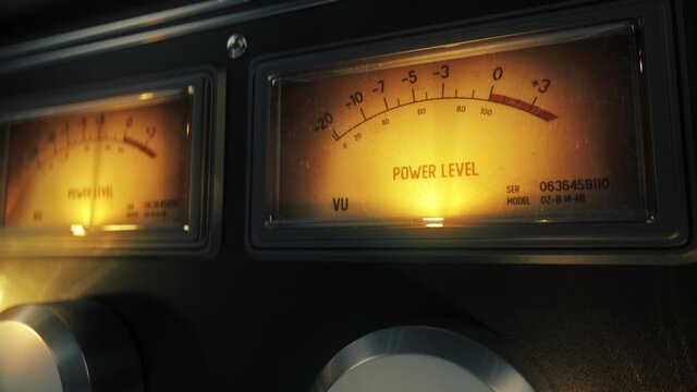 Volume unit meter close-up, sound level meter, analog audio equipment, loopable