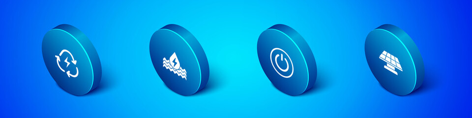 Set Isometric Battery with recycle, Power button, Solar energy panel and Water icon. Vector