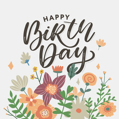 Beautiful happy birthday greeting card with flowers and bird. Vector party invitation with floral elements.