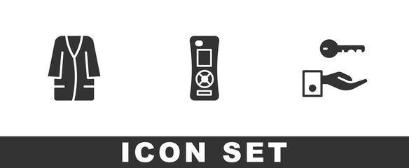 Set Bathrobe, Remote control and Hotel door lock key icon. Vector