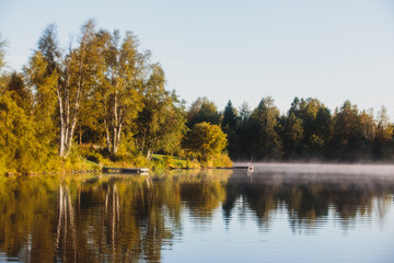 View of Kem River, Kemijoki, in a Liedakkala village in the municipality of Keminmaa in Lapland in north-western Finland, Aerial beautiful summer dawn sunrise