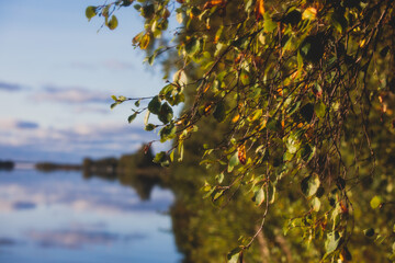 View of Kem River, Kemijoki, in a Liedakkala village in the municipality of Keminmaa in Lapland in north-western Finland, Aerial beautiful summer dawn sunrise