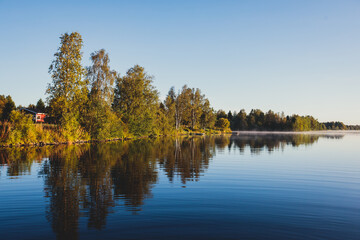 View of Kem River, Kemijoki, in a Liedakkala village in the municipality of Keminmaa in Lapland in north-western Finland, Aerial beautiful summer dawn sunrise