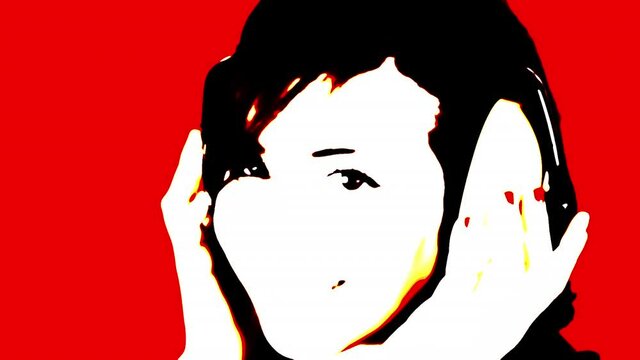 Poster effect: a beautiful young woman listening to music with white headphones, looking sensual. Closeup shot, red background.
