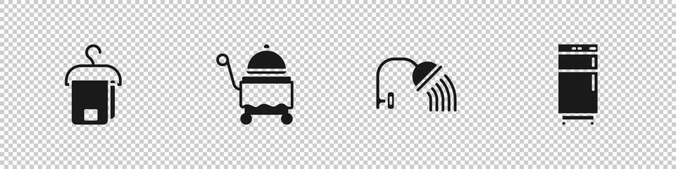 Set Towel on hanger, Covered with tray, Shower head and Refrigerator icon. Vector