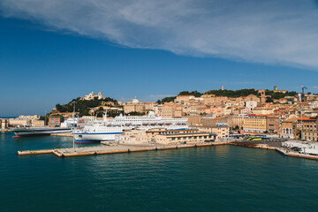 Aerial view of cruise ships and ferries docked at the port of Ancona. Bright summer day, travel...