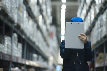 Warehouse worker checking inventory in logistics warehouse