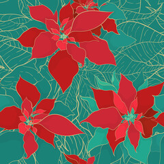 Christmas Poinsettia green red seamless pattern