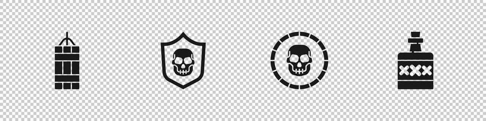 Set Dynamite bomb, Shield with pirate skull, Pirate coin and Alcohol drink Rum icon. Vector