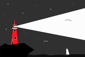 Lighthouse on ocean or sea beach cartoon background vector illustration. Lighthouse on coast of sea, structure of lighthouse on shore