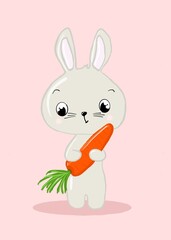 Cute little bunny with a big carrot in his paws on a pink background