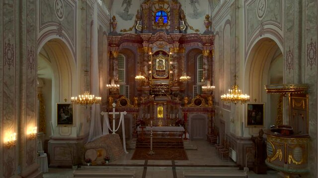 The Aglona Roman Catholic Basilica of the Assumption of the Blessed Virgin Mary Althar from drone. one of the most important Catholic spiritual centers in Latvia