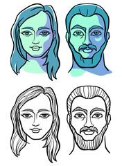 Male and female faces of Scandinavian appearance. Two options: black-white and color