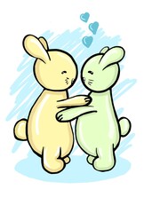 Two cute bunnies green and yellow hugging.Concept of love, romance.