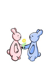 A boy rabbit in blue gives a girl rabbit in pink a flower. Holiday greetings.