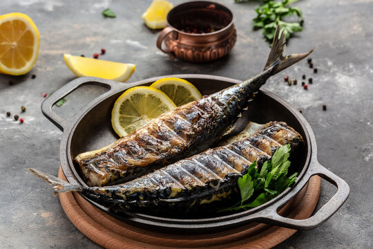 Grilled mackerel with lemon herbs and spices, banner, menu recipe place for text, top view