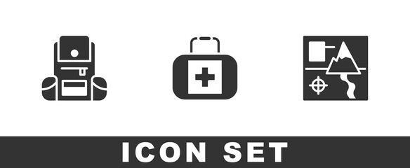 Set Hiking backpack, First aid kit and Folded map icon. Vector