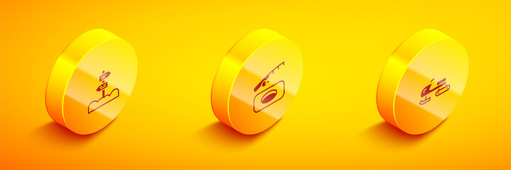 Set Isometric Road traffic signpost, Winter fishing and Snowmobile icon. Vector