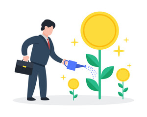 Businessman watering tree with coins. The creative concept idea of growth investing or making money from the investment. Simple trendy cute vector illustration. Modern and minimal flat style graphic.