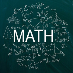 Handwritten equations on a green blackboard