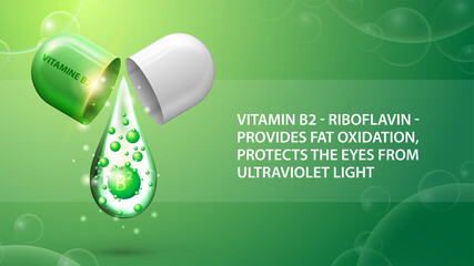 Vitamin B2, green information poster with abstract pill capsule with drop of vitamin B2