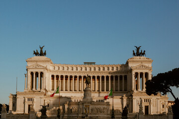 Altar of the Fatherland under the sunlight and a blue sky on the Piazza Venezia in Rome, Italy