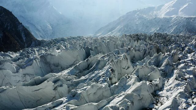 Scenic View Of Rugged Icy Mountain Surface At Raikot Glacier On Nanga Parbat's North Flank In Northern Pakistan. - Pullback Shot