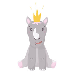 Vector cartoon illustration isolated on white background. Baby rhino baby sitting with a crown. A cute animal for decorating children's wallpapers and cards.