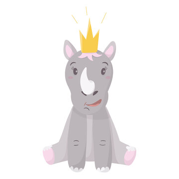 recommend clip art: Vector cartoon illustration isolated on white background. Baby rhino baby sitting with a crown. A cute animal for decorating children's wallpapers and cards.