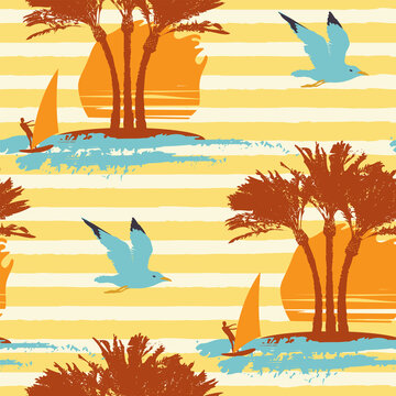 Tropical seamless pattern on the theme of sea summer holidays with silhouettes of palm trees and windsurfers at sunset or sunrise on a yellow striped backdrop. Vector repeatable travel background