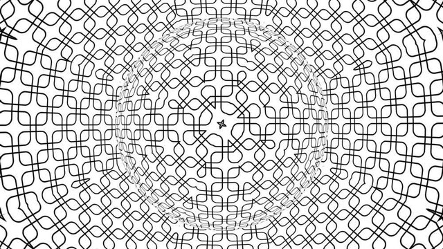 Black and white monochrome optical illusion with geometric pattern, surreal hypnotic seamless looping motion background, psychedelic trendy decorative unreal illusory delusion 3d render animation