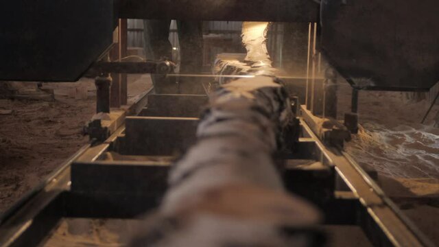 Processing and sawing timber at a sawmill. Sawing wood on a power machine. The production process at the sawmill