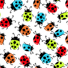 Fashion animal seamless pattern with colorful ladybird on white background. Cute holiday illustration with ladybags for baby. Design for invitation, poster, card, fabric, textile