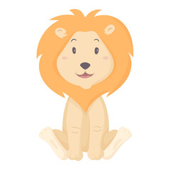 Vector cartoon illustration isolated on white background. Baby lion toddler sitting. A cute animal for decorating children wallpapers and cards.