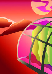 greenhouse on mars. growing green trees on the red planet. mountains on the background. colonization of Mars.