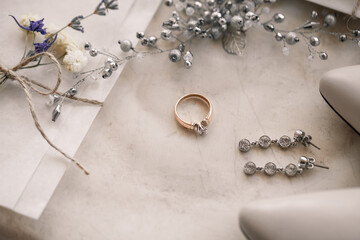 Wedding morning. Composition of the bride's accessories. View from above. Morning of the bride