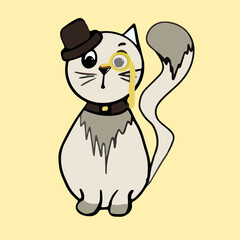 A gray kitty with a hat and a monocle. Funny animals.