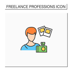 Photographer color icon. Professional take photos on camera. Create, edit, publish photos.Freelance professions concept. Isolated vector illustration