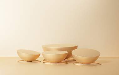 3D render luxury gold color background with geometric shapes, pedestal on four podium Semicircle wall shape, gradient from small to large, the platform for background product presentation cosmetics