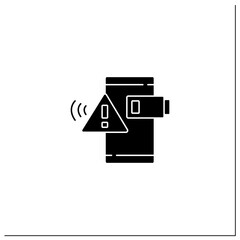 Battery notification glyph icon. Battery charge ends. Exclamation pointer. Discharge. Warnings concept.Filled flat sign. Isolated silhouette vector illustration