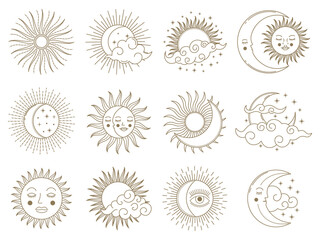 Magical moon and sun. Golden boho astrology elements, sun, moon, stars and clouds vector illustration set. Mystical astrology day and night symbols
