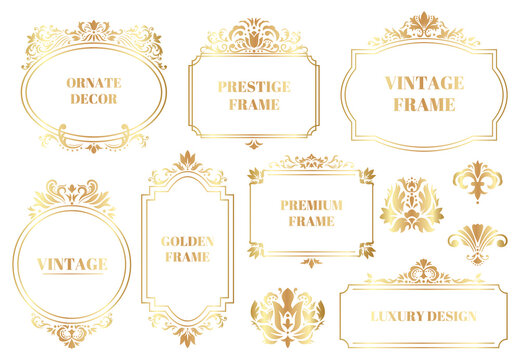 Damask ornamental frames. Antique baroque floral golden border frames isolated vector illustration set. Decorative damask vintage frames
