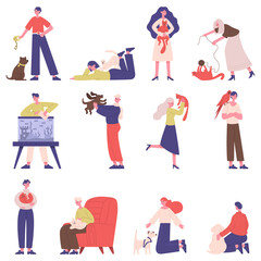 Fototapeta na wymiar Pet owners. People with domestic animals, cat, dog, fish and bird, men and women play, walk and hug pets vector illustration set. Daily pet owner life