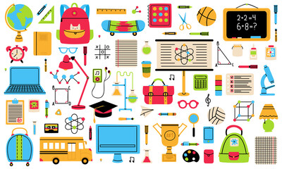 Back to school elements. School hand drawn symbols, globe, school bus, backpack and notepad isolated vector illustration set. School education badges