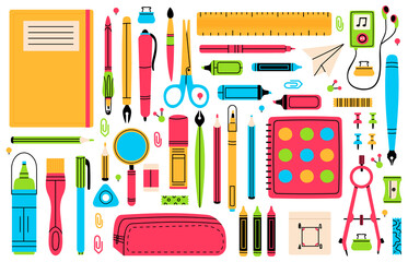 School chancellery. Pupils education hand drawn school supplies, pencil, pen, ruler, eraser and scissors vector illustration set. Back to school tools