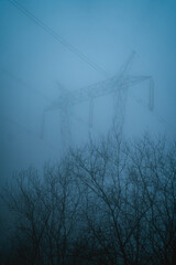Electricity pylon behind a tree without leaves during a foggy day in winter